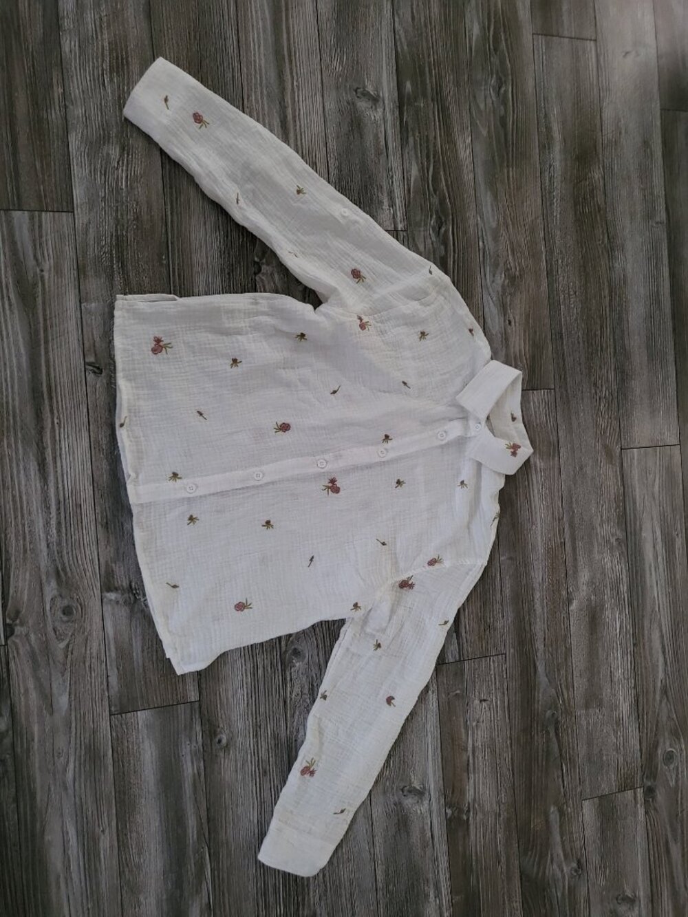 Embroidered White Double Gauze Cotton Button Down Shirt - Picture 2 of 11